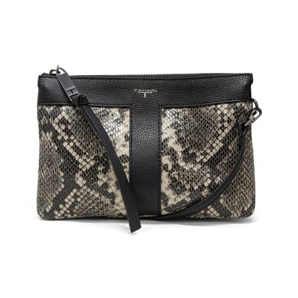 NWT T Tahari Taryn Crossbody Bag Black Gray Snakeskin Embossed Leather Small